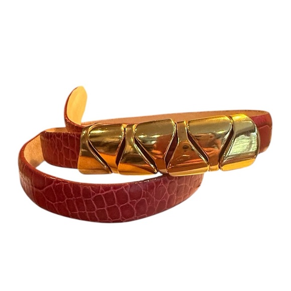 Carlisle Accessories - Carlisle Red Leather Snake Embossed 7/8” Belt w/ Gold Buckle Size Medium $398